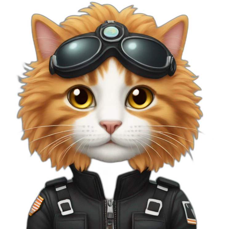 fluffy ginger, white and black cat pilot emoji