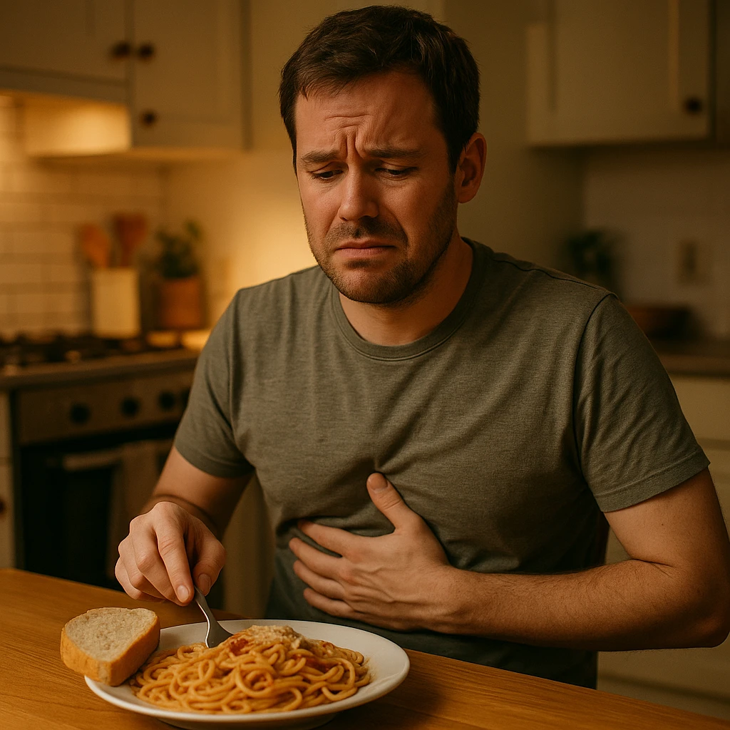 A man in his mid-30s sitting at a kitchen table with a plate of pasta and bread in front of him, looking uncomfortable and conflicted. His facial expression shows bloating, fatigue, and mild abdominal pain. One hand is on his stomach, the other hesitating to eat. emoji