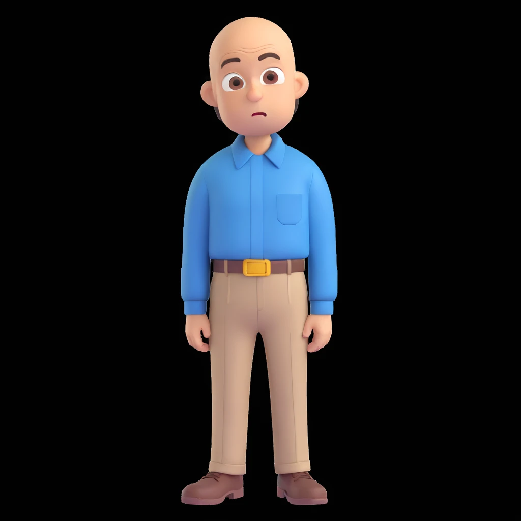 Carl from Sling Blade, blank or goofy expression, chin sticking out, slouching posture, no glasses, shirt with collar, three-quarter face angle, entire body visible, standing, head sticking forward, emoji style emoji