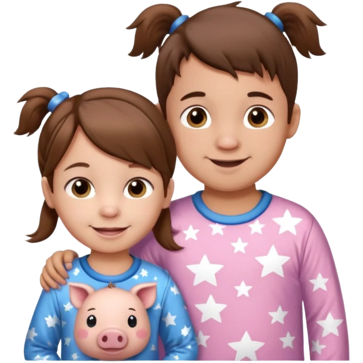 A toddler girl with brown hair with two pig tails, wearing pink pajamas with white stars on them. With a 4 year old boy with spikey brown hair, wearing blue pajamas with white stars on them. Both light skin and smiling. emoji