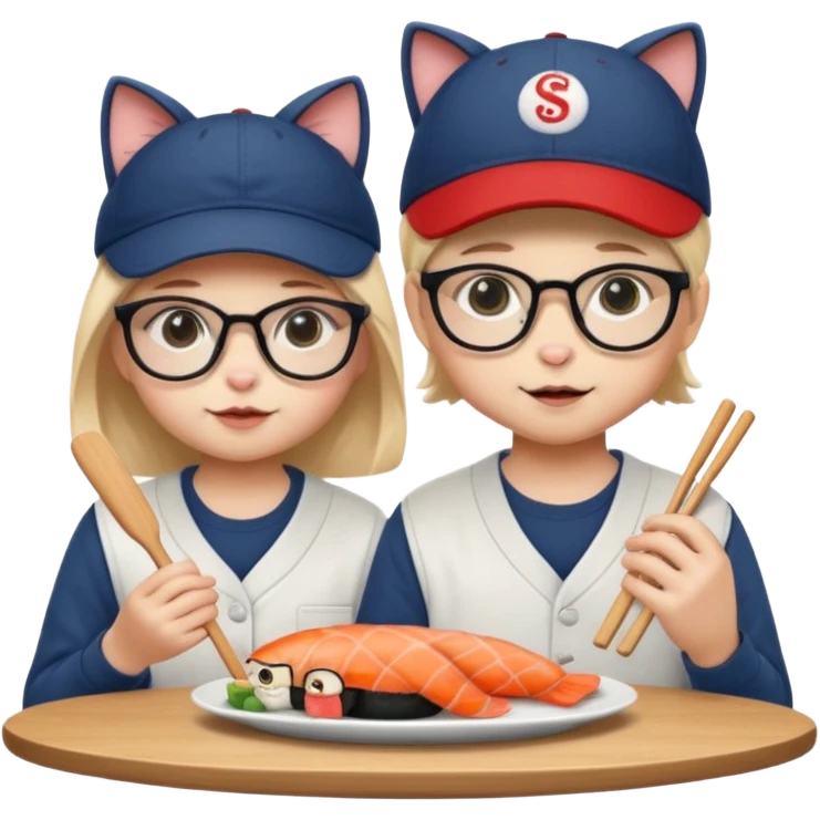 cute girl cat wearing glasses and a cute boy cat wearing a baseball cap eating sushi together emoji