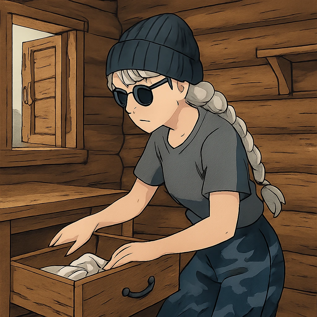 1 female, long white braid, knit cap, dark sunglasses, GRAY T-SHIRT, blue camo pants, LOOTING A CABIN, OPENING A DRAWER emoji