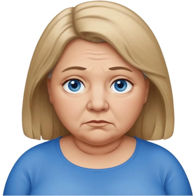 Head image of older very fat dark blonde woman with shoulder length hair and blue eyes. Neutral expression bordering on sad. emoji