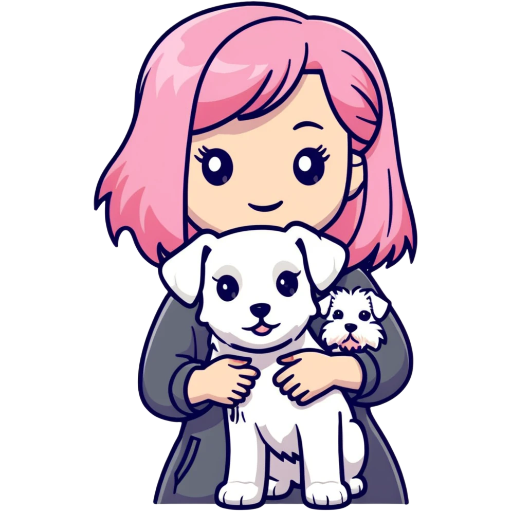 Girl with long flowing pink hair holding a white schnauzer dog emoji