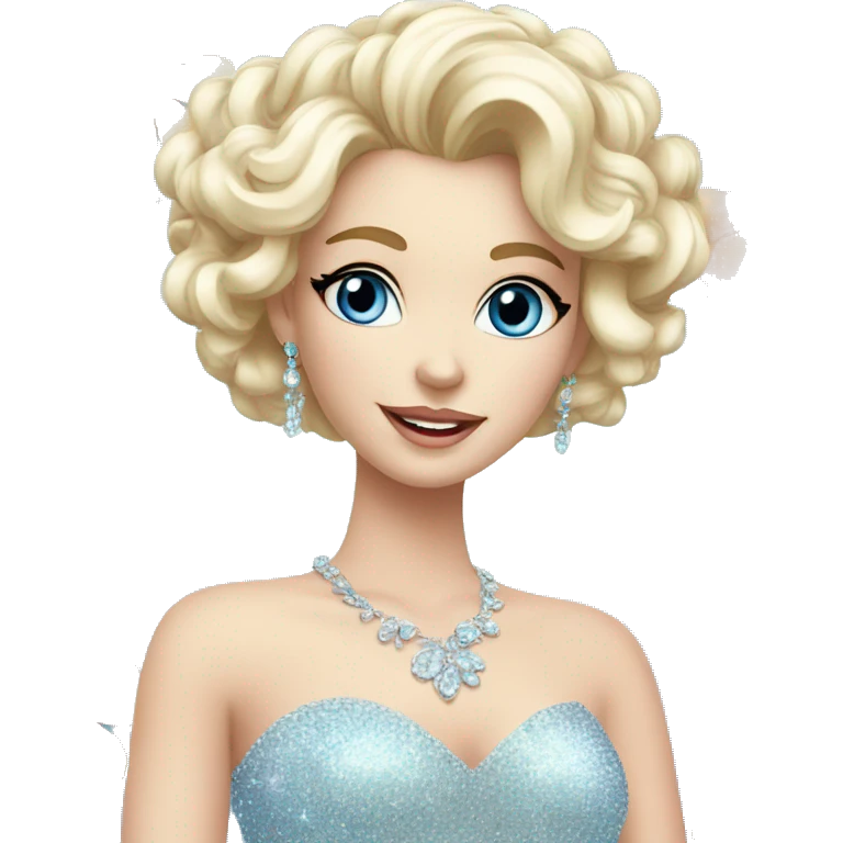 Gorgeous pastel Lady with blue eyes in a sparkly shiny dress with tiara and necklace and flowers behind her and trending  emoji