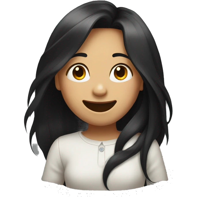 A girl with long black hair blinks and laugh emoji