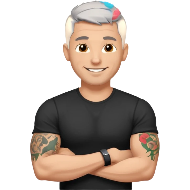 un homme de 35 ans, cheveux très court gris, qui sourit, musclé avec un seul bras tatoué et un tee shirt noir emoji