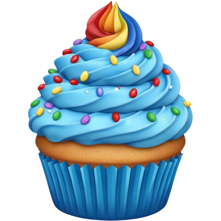 cupcake with blue frosting and rainbow sprinkles emoji