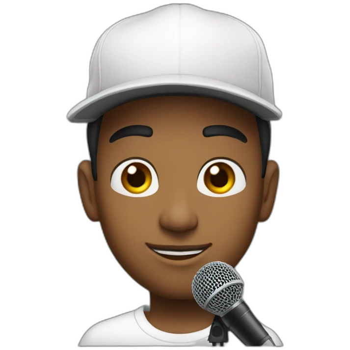 A young swarthy man. With a tattoo on his neck and a white cap, and a microphone in front of him. emoji