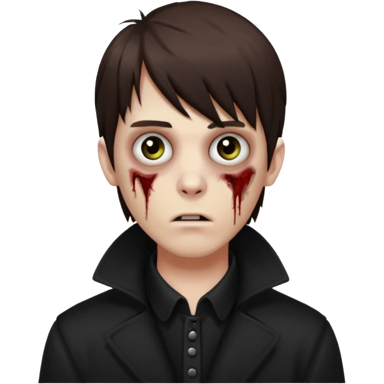Zombie, emo guy with dark circles under his eyes and medium brown hair with straight bangs, in a black long
 emoji