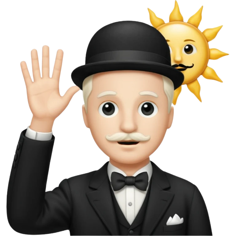 Adolf h , wearing suit and mustache short like charlie chaplin. Raising his hand to sun emoji