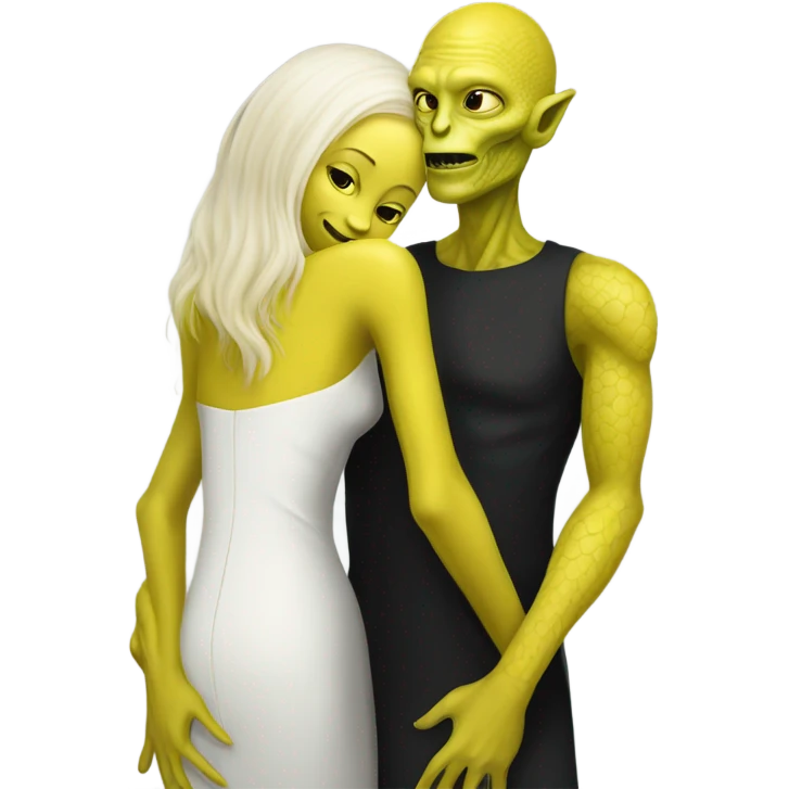 Alien reptilian woman in yellow dress, and, human white skin man in black dress, hugging emoji