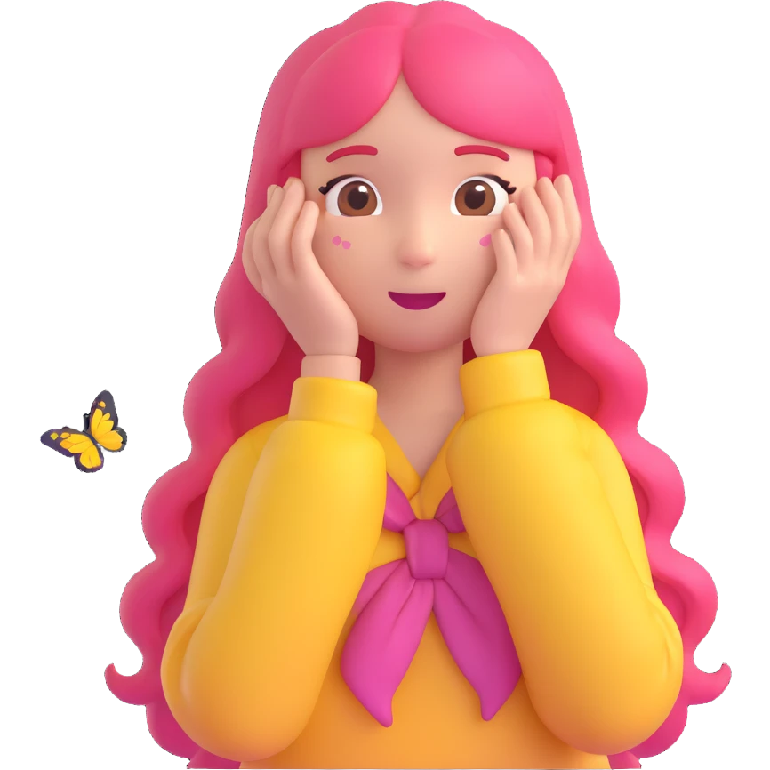 Fluttershy from My Little Pony reimagined as a gentle, shy human girl emoji, with long pink hair, soft yellow clothing, and a kind expression, surrounded by butterflies emoji