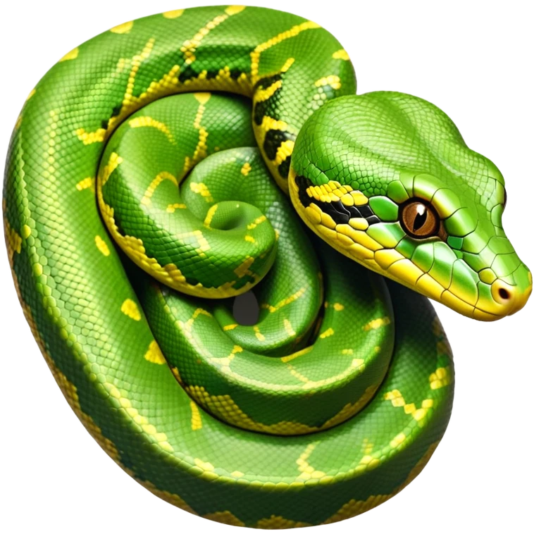 cinematic-green tree python-realistic-full-body-coiled-emoji,-thick-scaled-body-looped-tightly,-intricate-brown-and-gold-patterned-scales-reflecting-light,-head-tilted-dramatically,-slitted-eyes-staring-calmly,-simplified-yet-realistic-focused-feature emoji