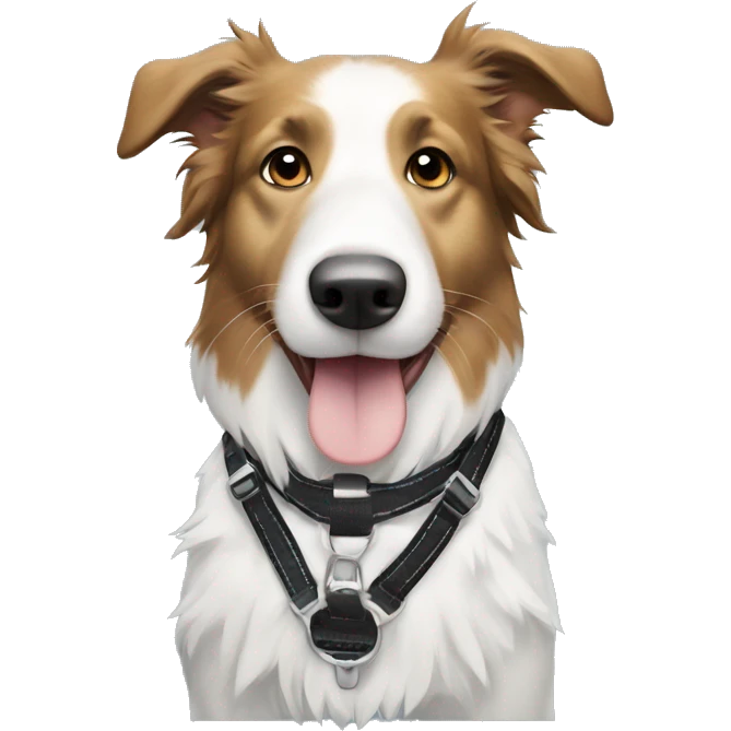 A black and white collie dog wearing a harness that has whales on it emoji