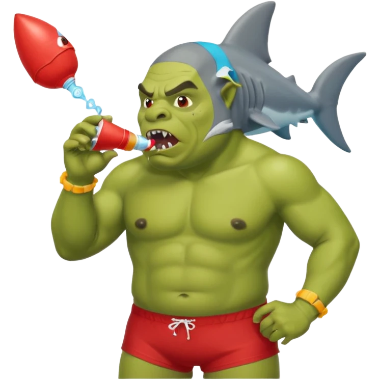 orc male in shark floatie, blowing whistle. Red swim trunks emoji