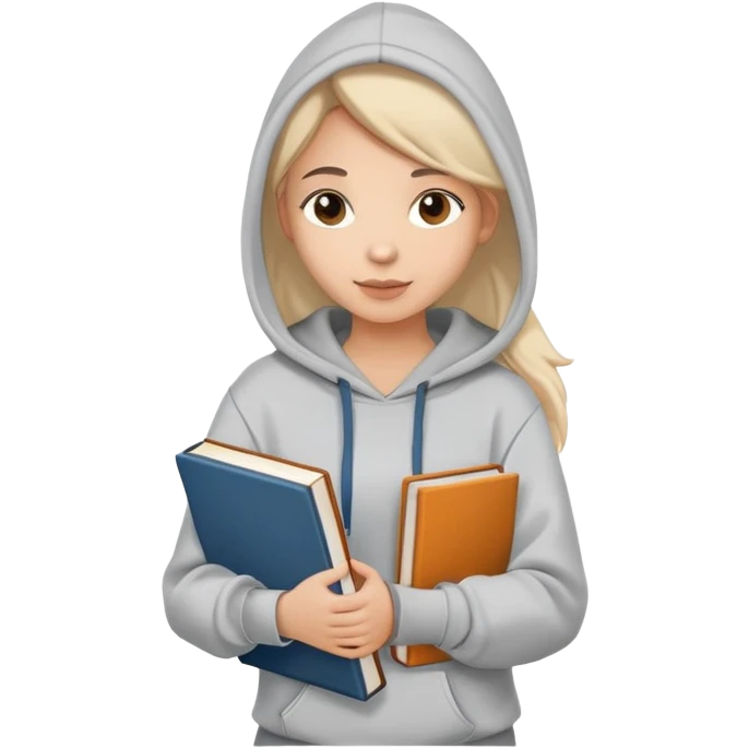 woman college student with a tote bag over her shoulder and a book in one hand. The student wears a hoodie. Clean cartoon style, white background, iOS emoji aesthetic. emoji