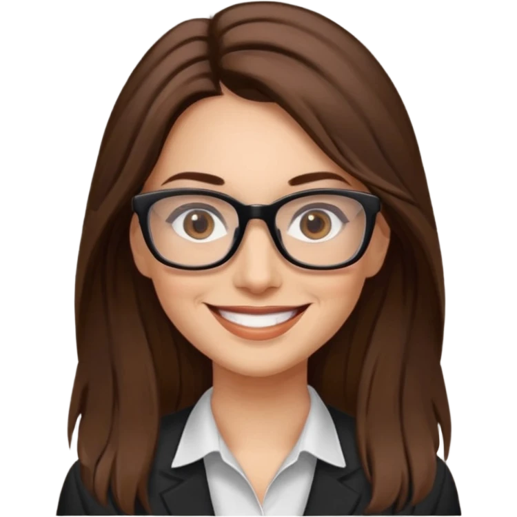 Woman 40, brown long hair, brown eyes, rectangle black glasses emoji
