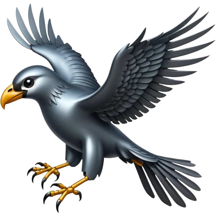 Emoji-style icon of a large metallic predatory bird flying, sharp wings, steel texture, dramatic pose, dark background emoji