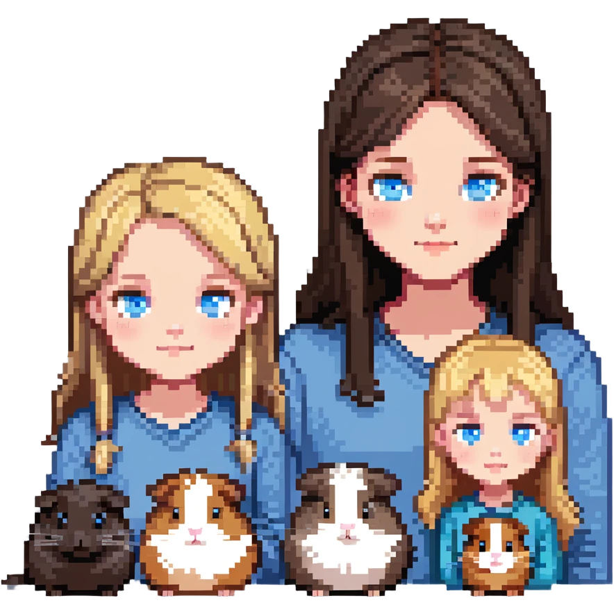 Family portrait with father with dark brown hair and blue eyes, mother with light brown hair and blue eyes, three blonde little girls with blue eyes, plus a grey cat and two guinea pigs emoji