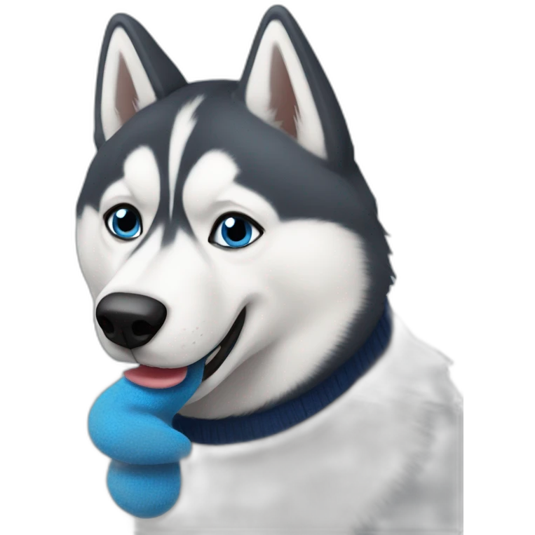 Confused husky biting a blue sock emoji