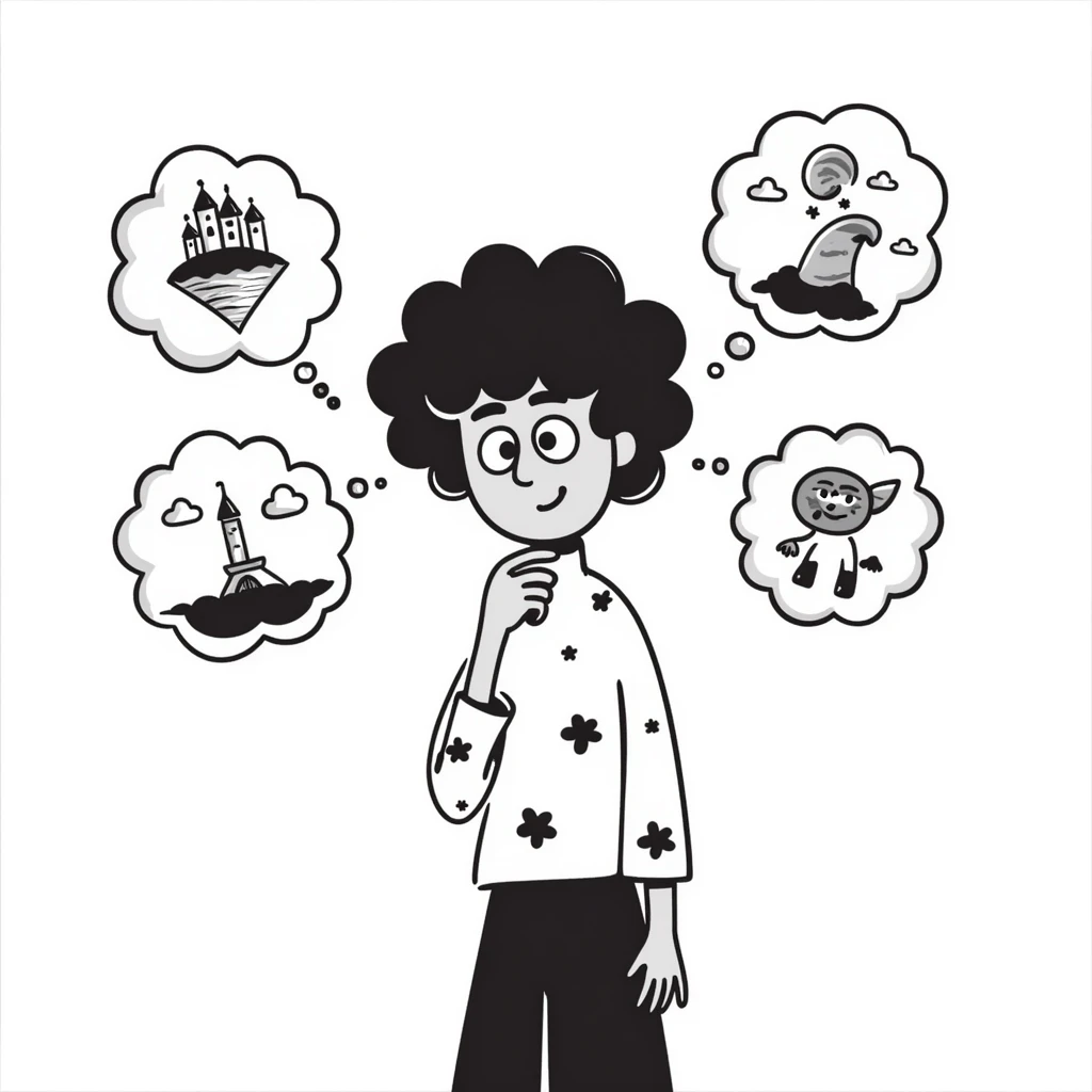 Creative artist with wild imagination visualized with thought bubbles showing artistic ideas emoji
