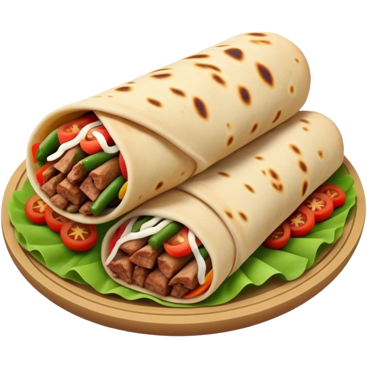 Cinematic Realistic Shawarma Dish Emoji, showcasing spiced, succulent meat wrapped in flatbread with fresh vegetables rendered with lifelike detail and dynamic, appetizing lighting. emoji