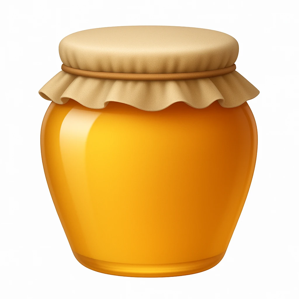 Create an emoji with no face that looks exactly like the reference image. The style should be iOS emoji style: 3D, shiny, smooth gradients, soft shadows, realistic honey jar shape with a cloth lid, no face. Add a subtle highlight to the glass. emoji