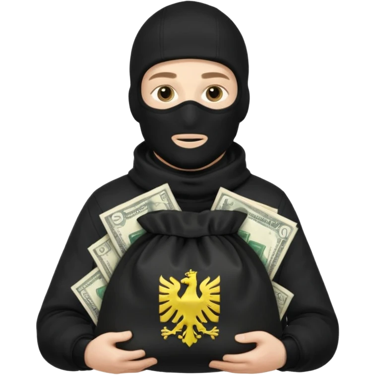 создай белого украинца в черное одежде и черной балаклаве с большим мешком денег с  гербом страны на нем  emoji