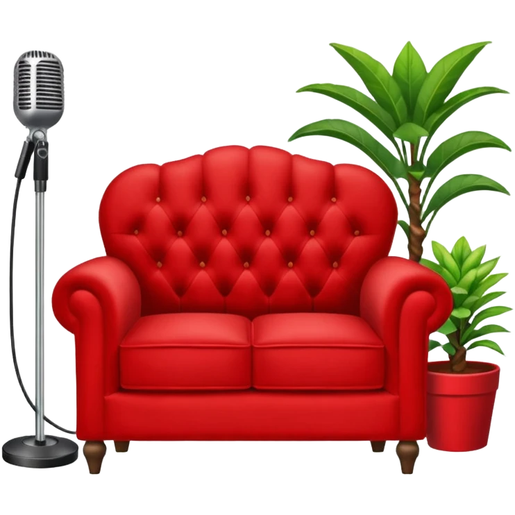 red velvet luxury loveseat with a mic in front and houseplant in back emoji