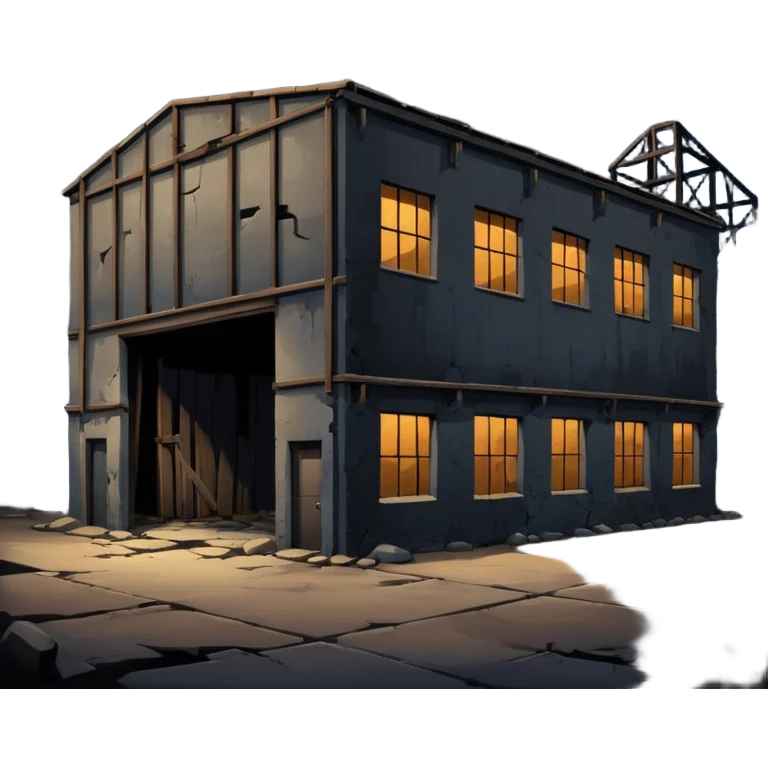 cinematic realistic ultra HD - a warehouse in a secluded place, at night with broken walls emoji