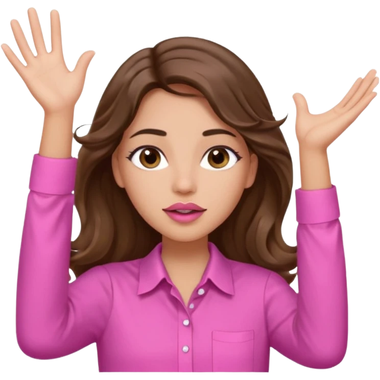 girl with long wavy brown hair, brown eyes, light to medium complexion, in a pink shirt, pink lips, long lashes, puckered lips, both hands all the way up with hands up to the sky emoji