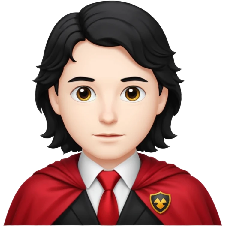 Wavy black hair, red tie, red-and-black cape. Classic vampire look with a formal twist. emoji