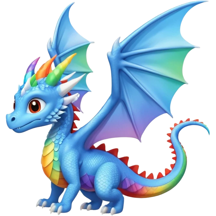 cute baby blue dragon with light blue body, big white wings, white horn, tail with white triangle tip, flying in side view, big eyes, small size, dragon ridge along back with small ridges in rainbow order: red, orange, yellow, green, blue, purple, ending at start of tail emoji
