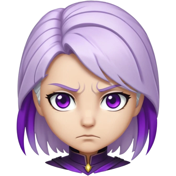 Chibi Sable Ward with intense focus expression, slightly furrowed brows, concentrated stare, white hair with purple streaks, fully purple eyes, determined look emoji