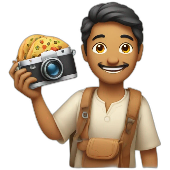 Indian man woman with camera in one hand and food in other hand, happy smiling emoji