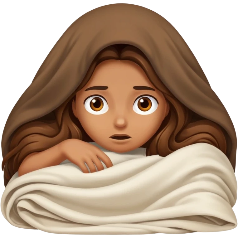 a tanned girl with brown long hair laying in bed hid under the blanket  in fear emoji