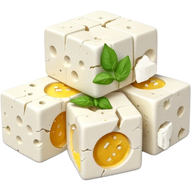 feta cheese cubes or thick rectangular slice, bright white, crumbly texture, irregular surface with cracks, matte finish, small crumbles nearby, clean natural 3D rendering, soft lighting, subtle shadows, transparent background, emoji scale, optimized for clarity and brightness emoji