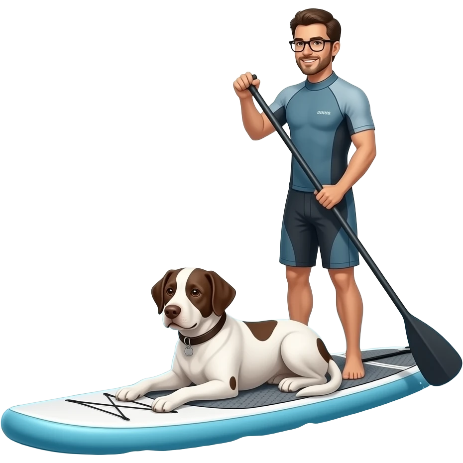 A white-coffee coloured runner type slim Podenco (joung adult) is lying down sphinx like on a sup in front front of a real paddling standing paddler on the same sup-board in real proportions on sea emoji