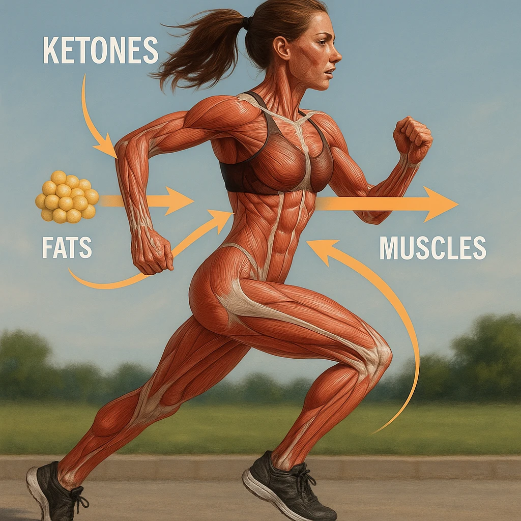 slim woman in 4K running with anatomical overlay showing muscles using ketones, arrows indicating energy flow from fats to muscles emoji