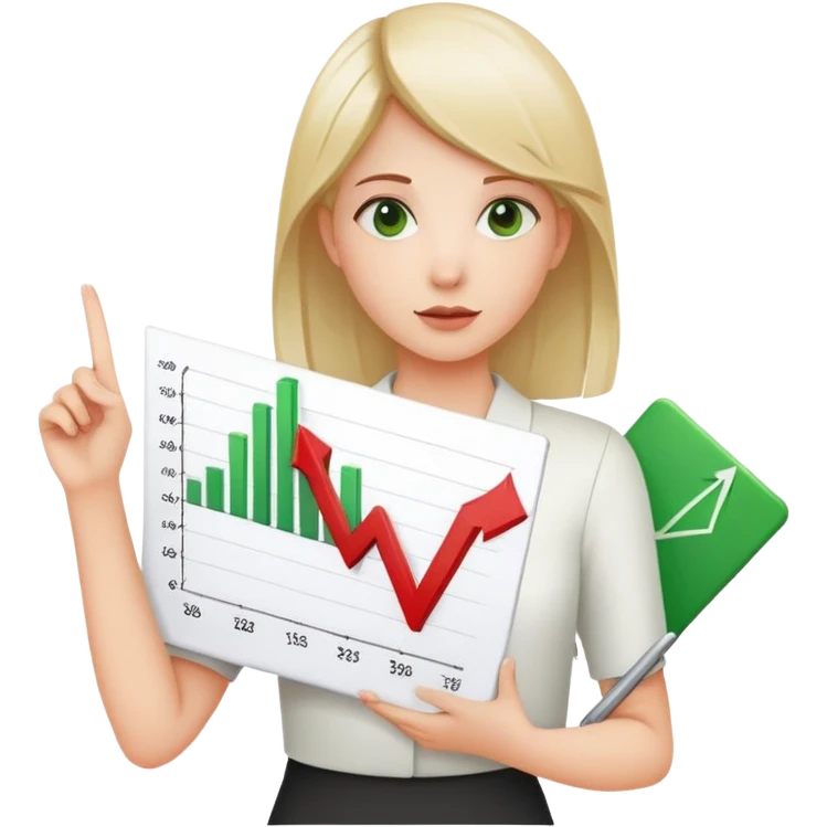 Girl holding chart with rising green graph line in right hand and holding another chart with falling red graph line in left hand emoji