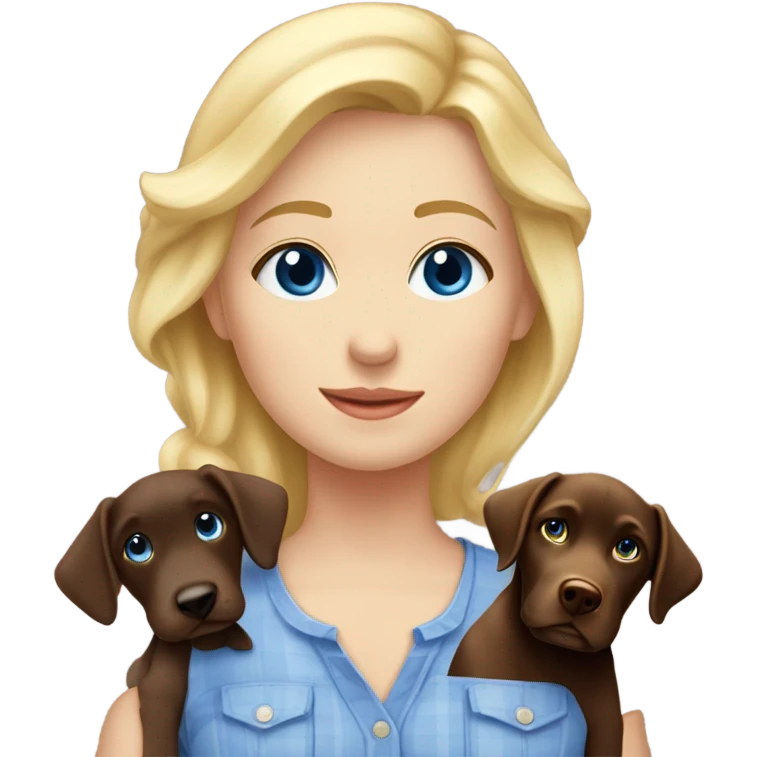 Blonde haired country, girl, blue eyes, periwinkle shirt with a black lab and a chocolate lab emoji
