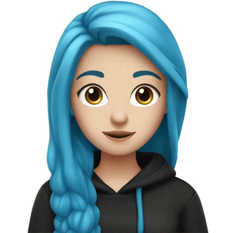 white girl with long blue hair in a black sweatshirt holding a blue heart emoji