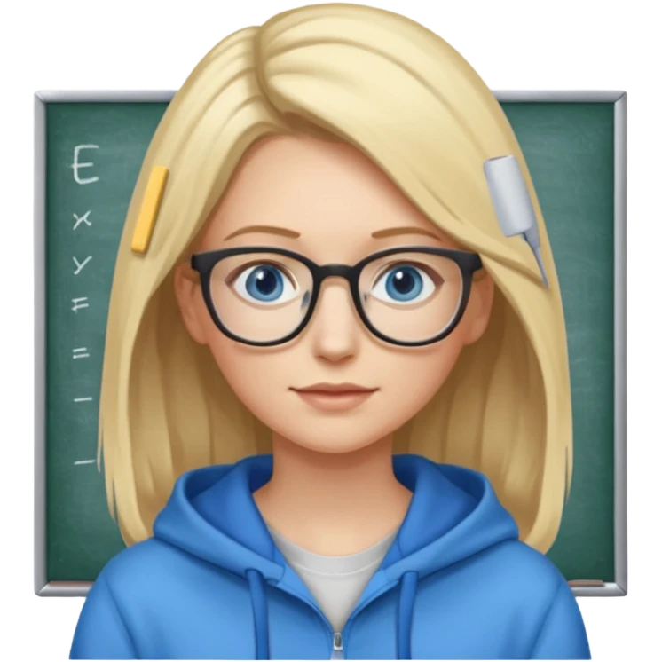 a woman, blonde highlights in hair, glasses and blue eyes. teacher, with a hoodie on and hair longer than shoulders emoji