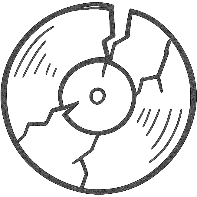 shattered vinyl record, hand drawn black outline style emoji