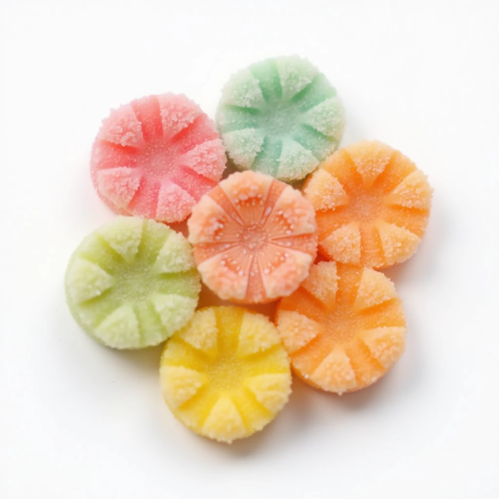 realistic multicolor flower-shaped candy, isolated on a transparent background, no visible background emoji