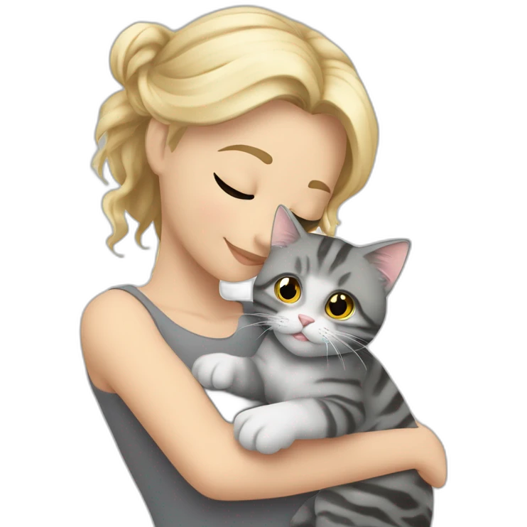 A blond whit hirl with som silver glasess is hugging one grey stripet cat and there ar alot of harts around them emoji
