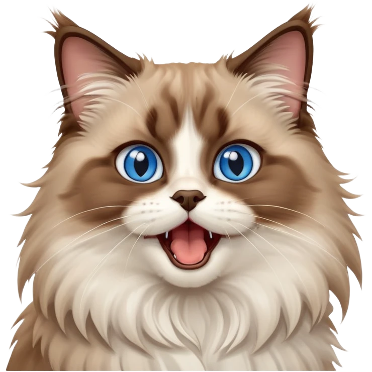 cinematic-adorable-big-eyed-fluffy-brown ragdoll-cat-portrait-emoji,-head-tilted-playfully-with-a-cute,-yawn,-white and brown fur,-simplified-yet-irresistibly-cute-features, blue eyes emoji
