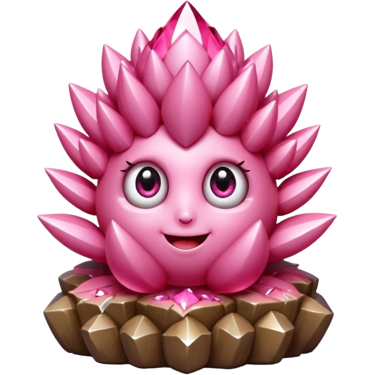 A single cute pink crystal cluster character, chunky round base with many tall rose-pink crystal spikes growing upward like a quartz cluster, faceted and slightly imperfect, on the front of the base a kawaii face with big shiny eyes and a happy open smile emoji