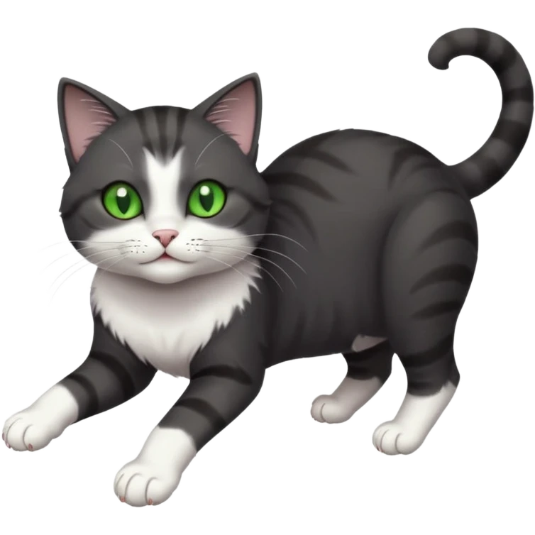 beautiful female solid dark grey cat with green eyes, white toes/paws and white patch on her chest playfully rolling upside down emoji